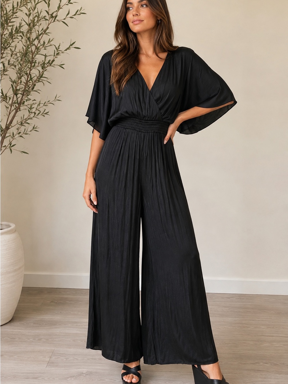 Strut & Bolt Black V-Neck Wide-Leg Smocked-Waist Elegant Jumpsuit NWOT